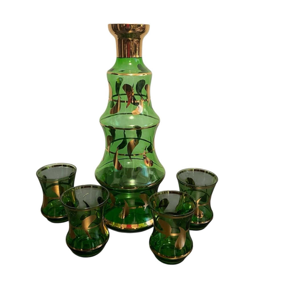 Bohemia Glass Emerald Green Gold Leaf Decanter and 4 Glasses Set Vintage